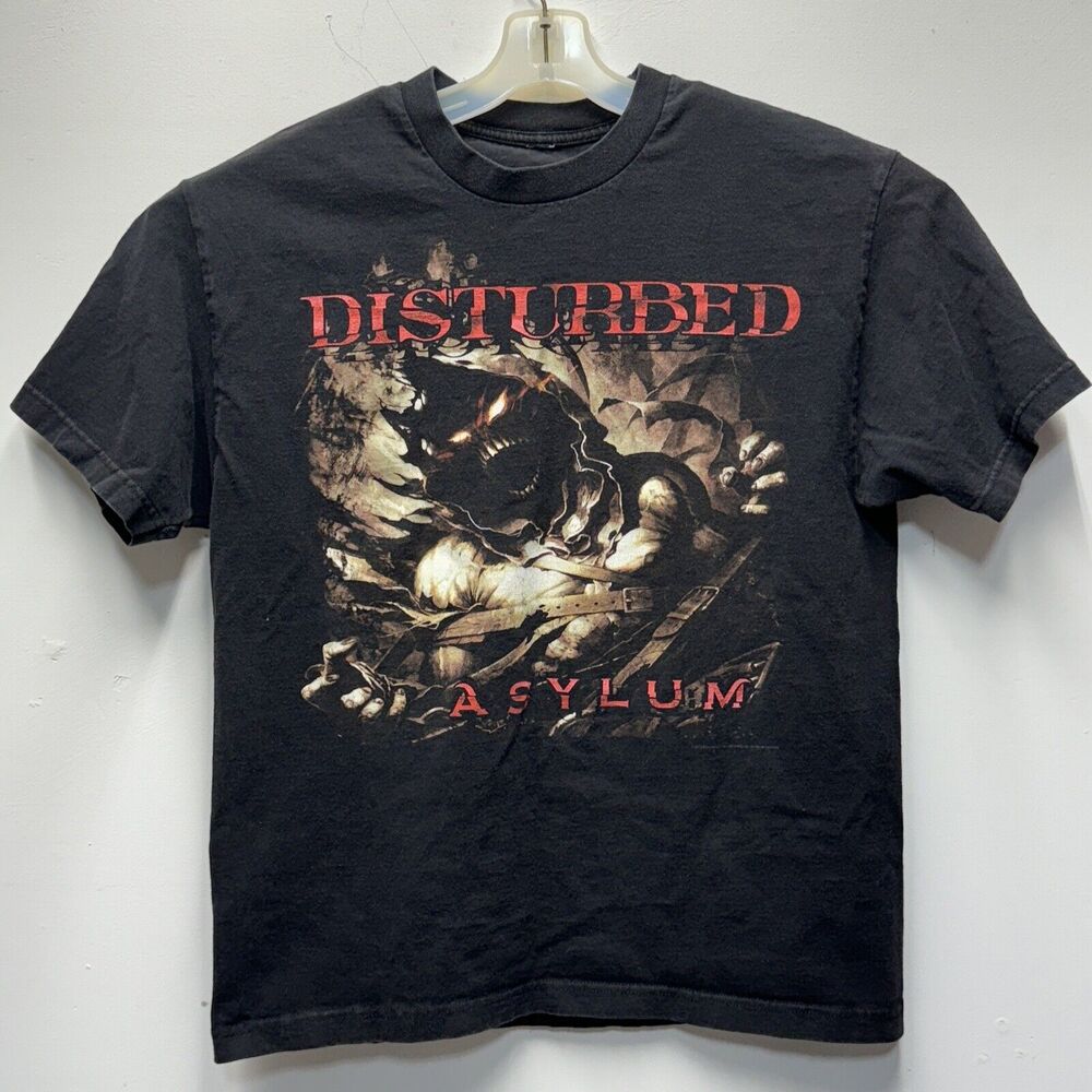 Disturbed Asylum T Shirt Size Large Black Tee Red Wording Missing Tag